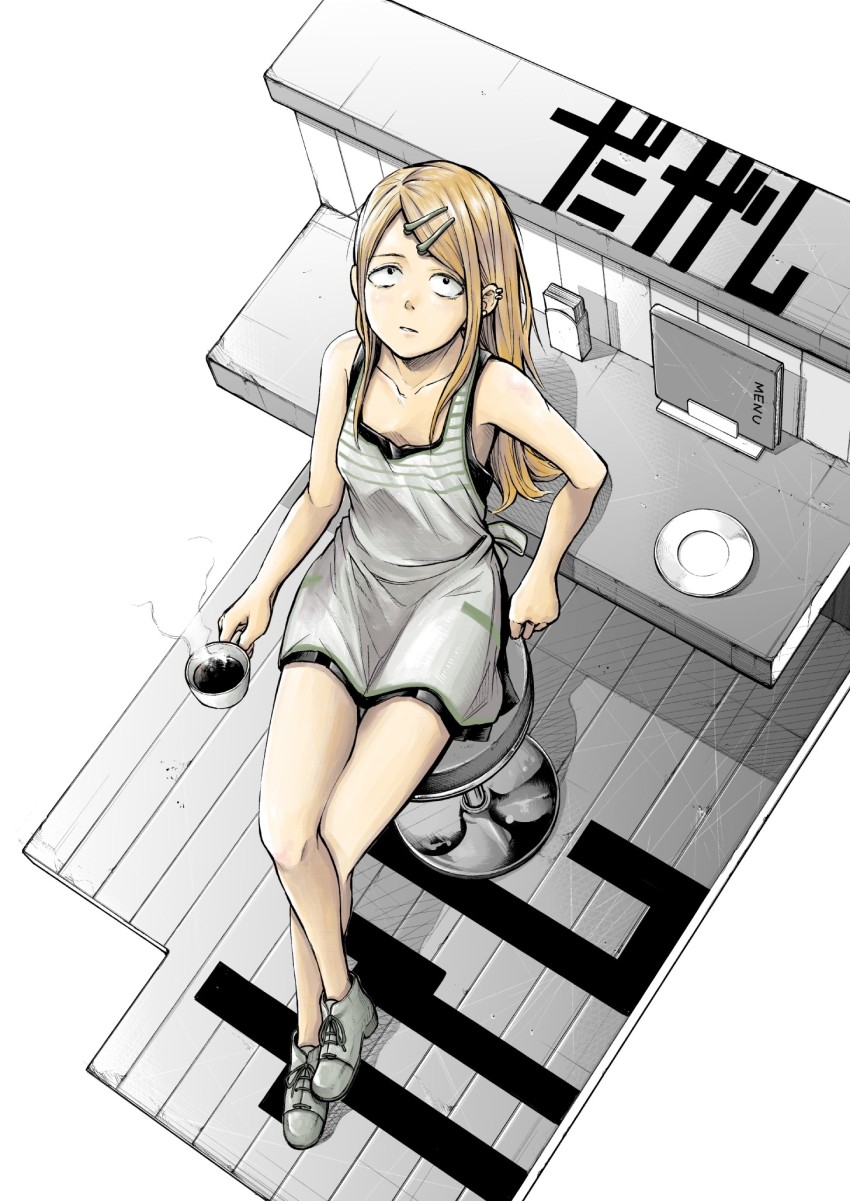 10s, 1girl, apron, blonde_hair, boots, breasts, coffee, cup, dagashi_kashi, disposable_cup, ear_piercing, earrings, endou_saya, female_focus, from_above, full_body, grey_apron, grey_boots, hair_ornament, hairclip, highres, jewelry, long_hair, menu, parted_bangs, piercing, plate, pocket32619, simple_background, sitting, small_breasts, solo, stud_earrings, tagme, teacup, white_background