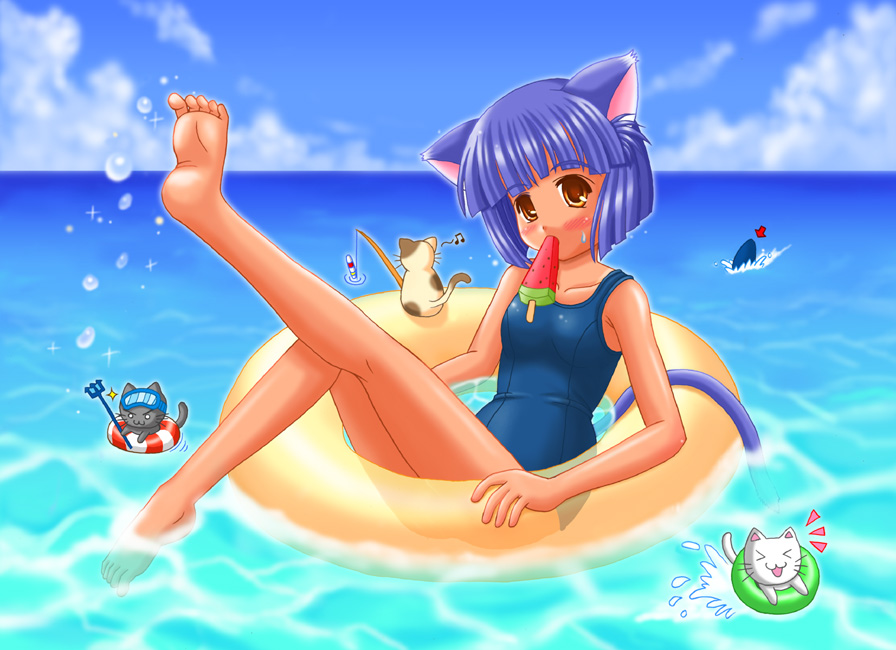 1girl, animal_ears, blue_one-piece_swimsuit, blue_school_swimsuit, cat_ears, cat_girl, cat_tail, female_focus