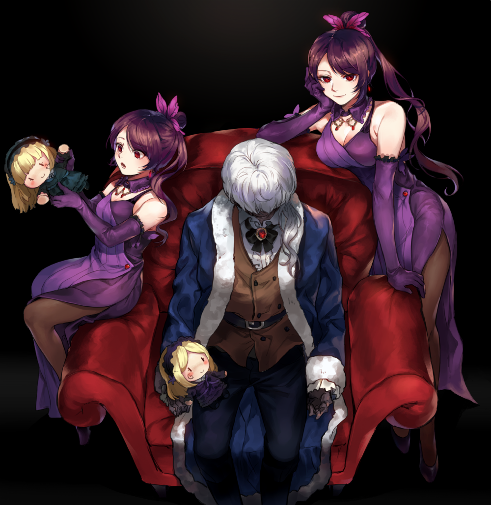 1boy, 4girls, bare_shoulders, black_hair, black_legwear, blonde_hair, blush, breasts