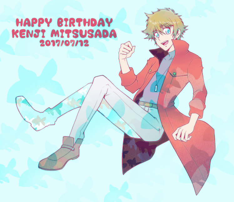 10s, 1boy, bad_id, bad_pixiv_id, belt, blue_background, blue_eyes, brown_hair