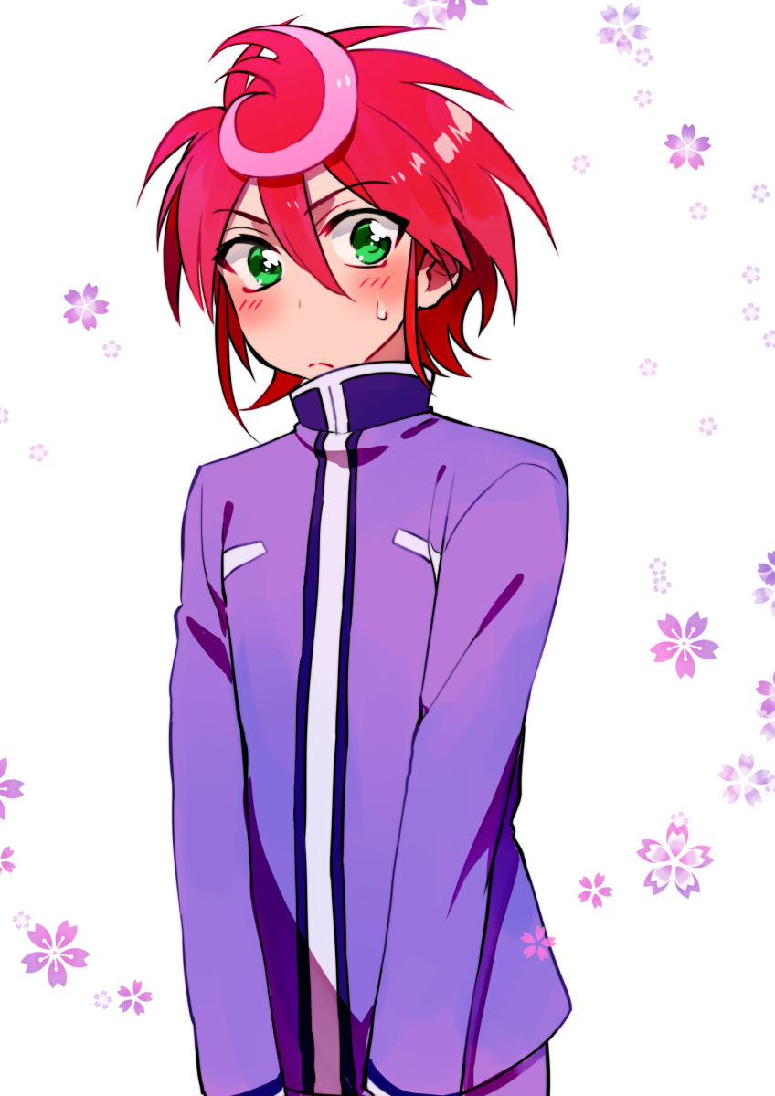 10s, 1boy, blush, cardfight!!_vanguard, cardfight!!_vanguard_g, flower, green_eyes, highres, male_focus, multicolored_hair, pink_hair, red_hair, shindou_chrono, simple_background, solo, two-tone_hair, upper_body, white_background, yuu_(7862260010)