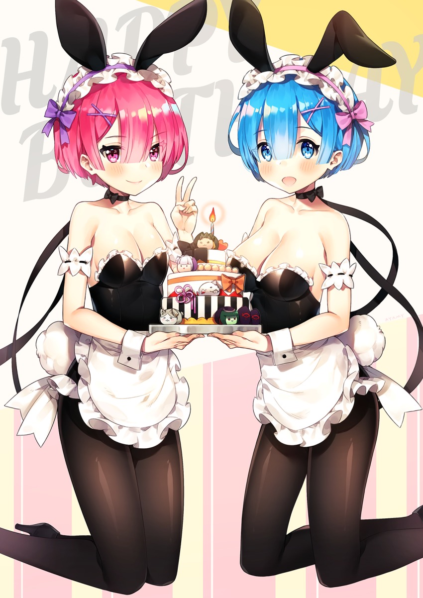 10s, 2girls, :d, animal_ears, apron, arm_garter, ayami, bare_shoulders
