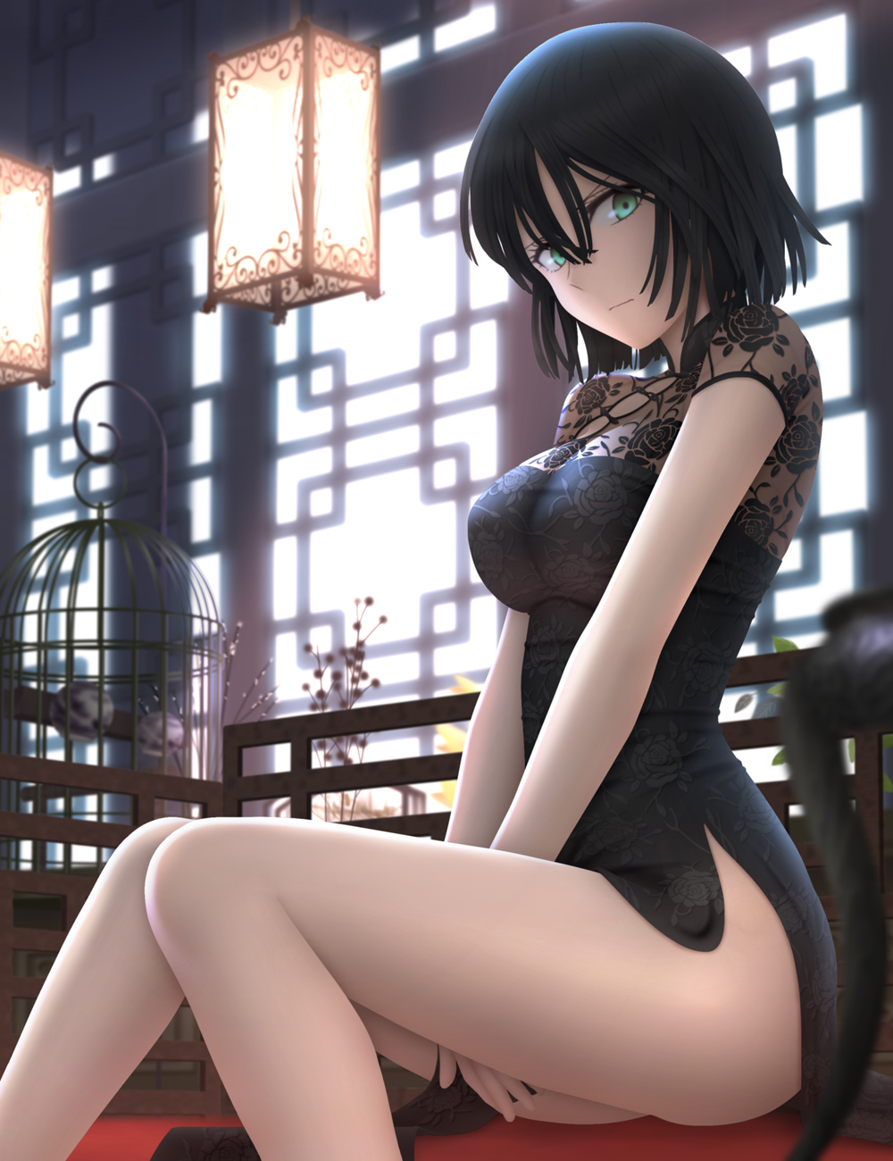 1girl, backlighting, between_legs, birdcage, black_dress, black_hair, breasts, cage