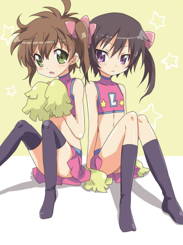00s, 2girls, bad_id, bad_pixiv_id, blush, brown_hair, cheerleader, code_geass