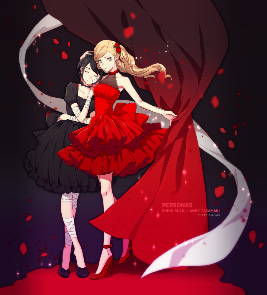 10s, 2girls, alternate_costume, bad_id, bad_pixiv_id, bandaged_arm, bandaged_leg, bandages, black_hair, blonde_hair, blue_eyes, character_name, closed_eyes, copyright_name, dated, dress, earrings, flower, hair_flower, hair_ornament, high_heels, jewelry, long_hair, multiple_girls, persona, persona_5, short_hair, signature, suzui_shiho, takamaki_anne, twintails, yulu_syukita