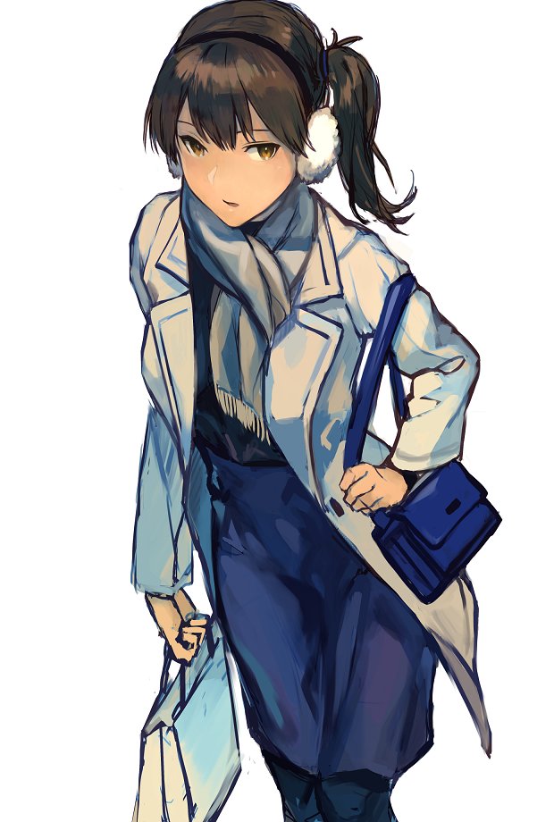 1girl, alternate_costume, bag, black_legwear, blue_skirt, brown_hair, coat, commentary