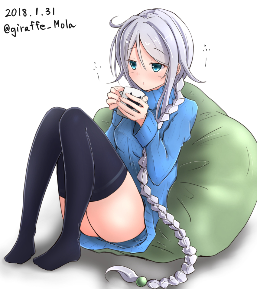 1girl, alternate_costume, black_thighhighs, blue_eyes, blue_sweater, braid, breasts, coffee