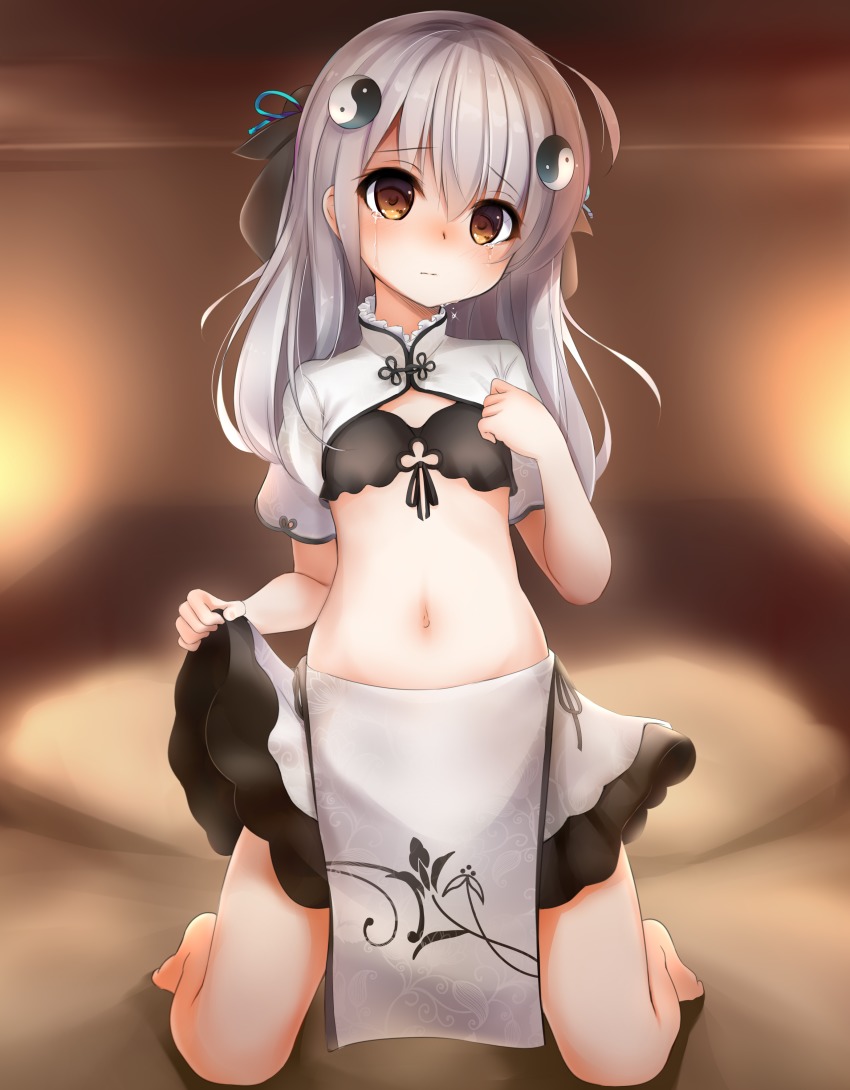 1girl, absurdres, barefoot, black_bra, bra, brown_eyes, clothes_lift, detached_sleeves