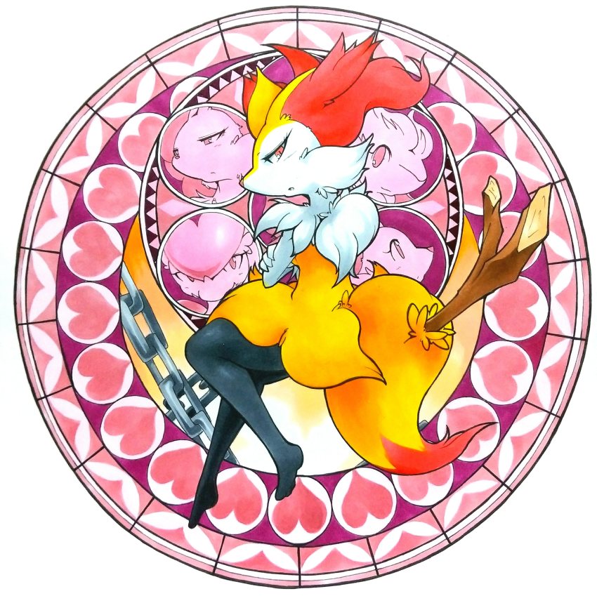 025aki, 1girl, absurdres, animal_ears, blush, braixen, breasts, chain