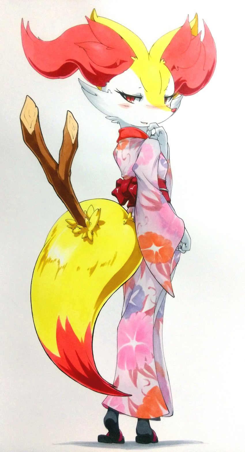 025aki, 1girl, absurdres, animal_ears, black_sandals, blush, braixen, breasts