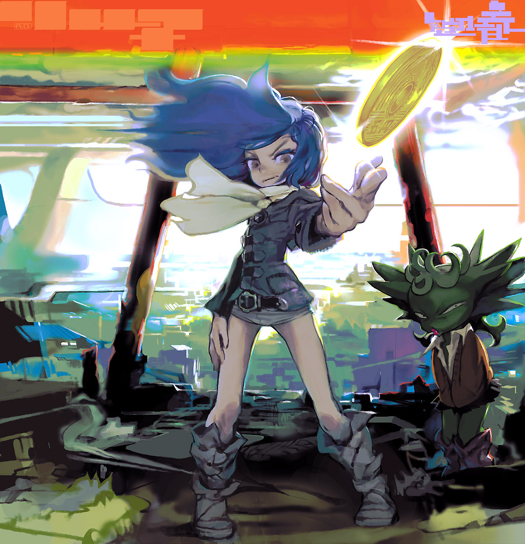 1girl, belt, blue_hair, cigarette, coin, female_focus, green_illegal, grey_eyes, kawaguchi_youhei, making-of_available, original, scarf, smoking, solo