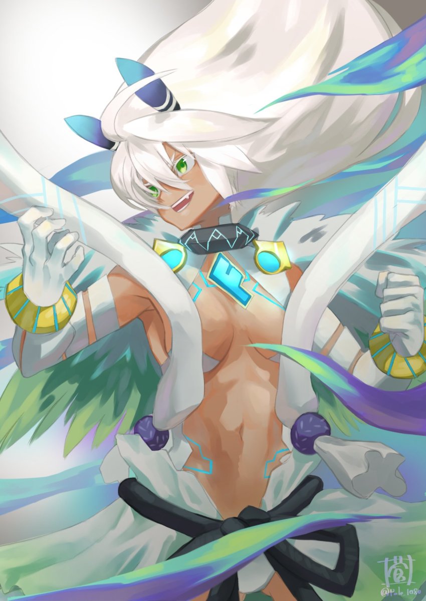 1girl, breasts, breasts_apart, dark_skin, glowing, glowing_eyes, green_eyes, highres