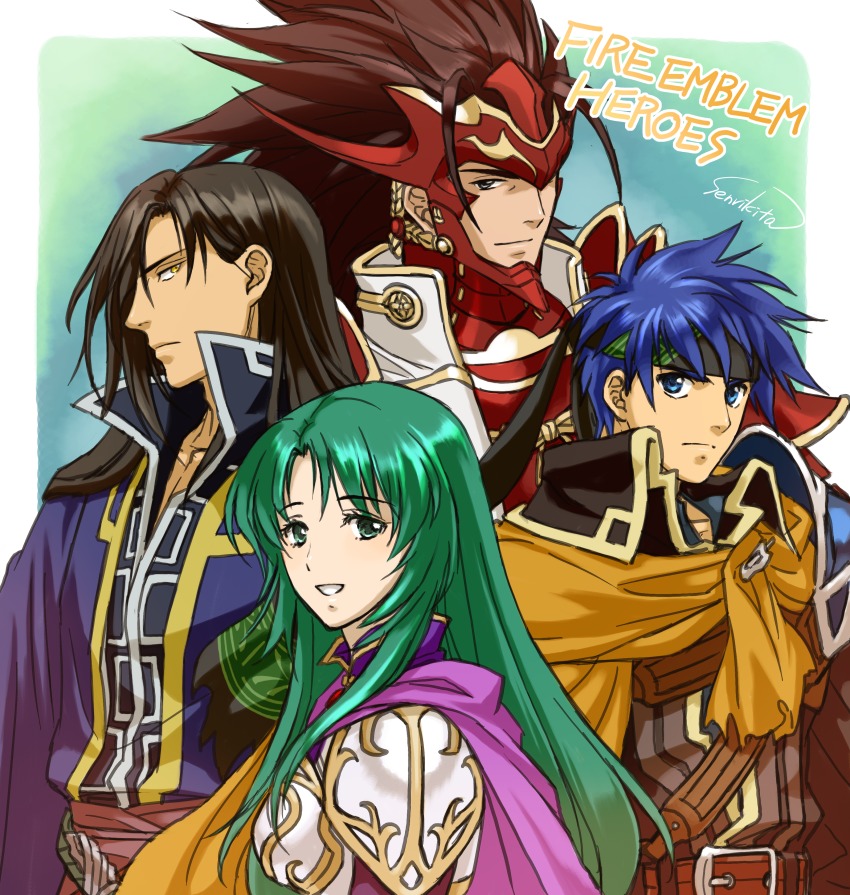 1girl, 3boys, absurdres, armor, blue_eyes, blue_hair, brown_hair, cape