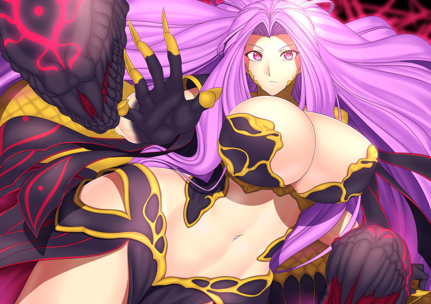 1girl, armor, bikini_armor, breasts, cleavage, curvy, fate/grand_order, fate_(series), female_focus, fingernails, gorgon_(fate), hip_focus, huge_breasts, long_fingernails, long_hair, looking_at_viewer, matching_hair/eyes, medusa_(fate), medusa_(rider)_(fate), midriff, navel, purple_eyes, purple_hair, rider, snake_hair, solo, thighs, very_long_hair, wide_hips, yui_sora