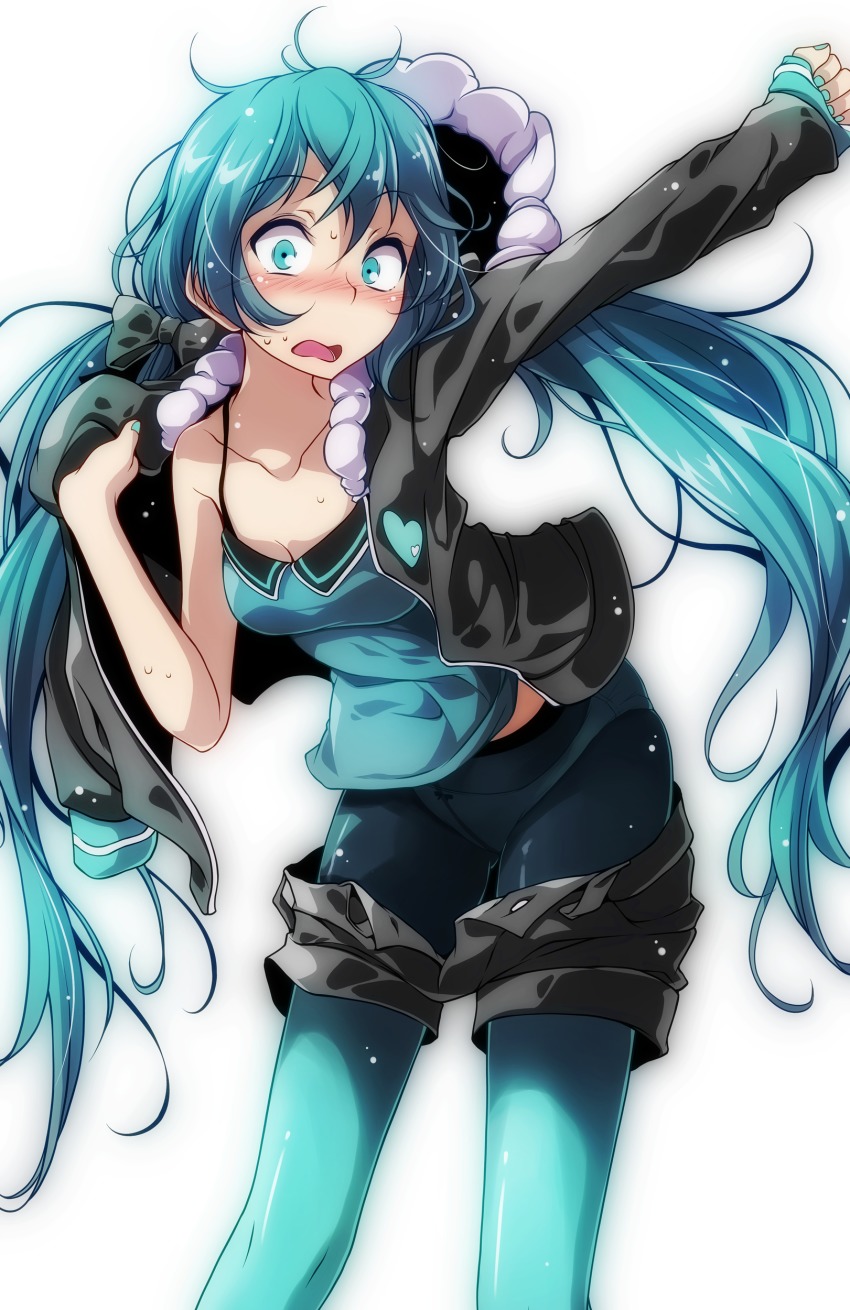 1girl, absurdres, arm_up, black_bow, black_jacket, black_shorts, blue_eyes, blue_hair