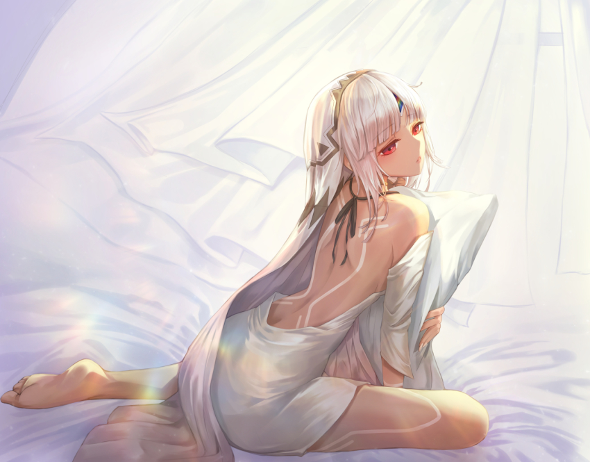 1girl, altera_(fate), altera_(formal_dress)_(fate), bad_id, bad_pixiv_id, bare_back, barefoot, board_game