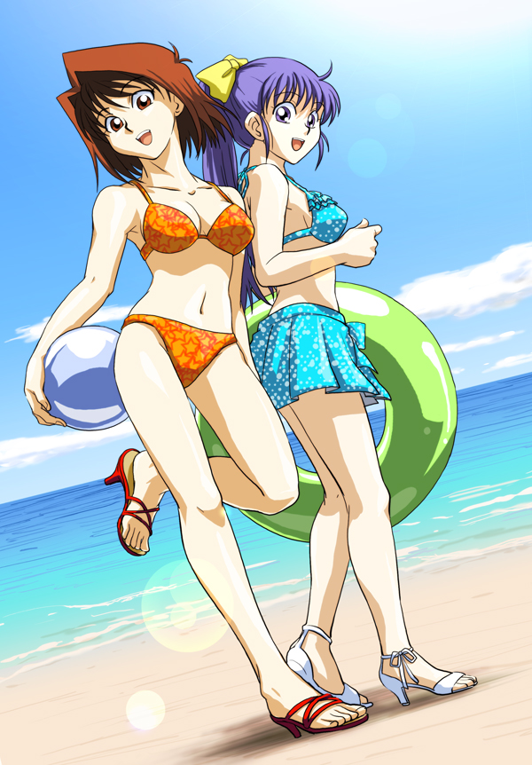 2girls, blue_eyes, breasts, brown_eyes, brown_hair, cleavage, commentary_request, full_body, long_hair, looking_at_viewer, mazaki_anzu, medium_breasts, multiple_girls, nosaka_miho, open_mouth, purple_hair, short_hair, smile, standing, swimsuit, takatsuki, yu-gi-oh!, yuu-gi-ou, yu-gi-oh!_duel_monsters