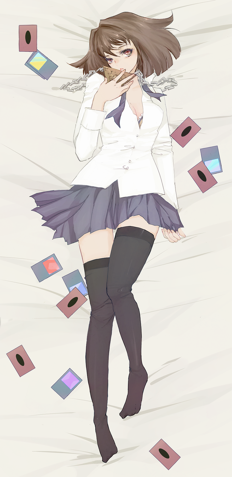 bad_id, bad_pixiv_id, breasts, brown_hair, cleavage, highres, manodemarina, mazaki_anzu