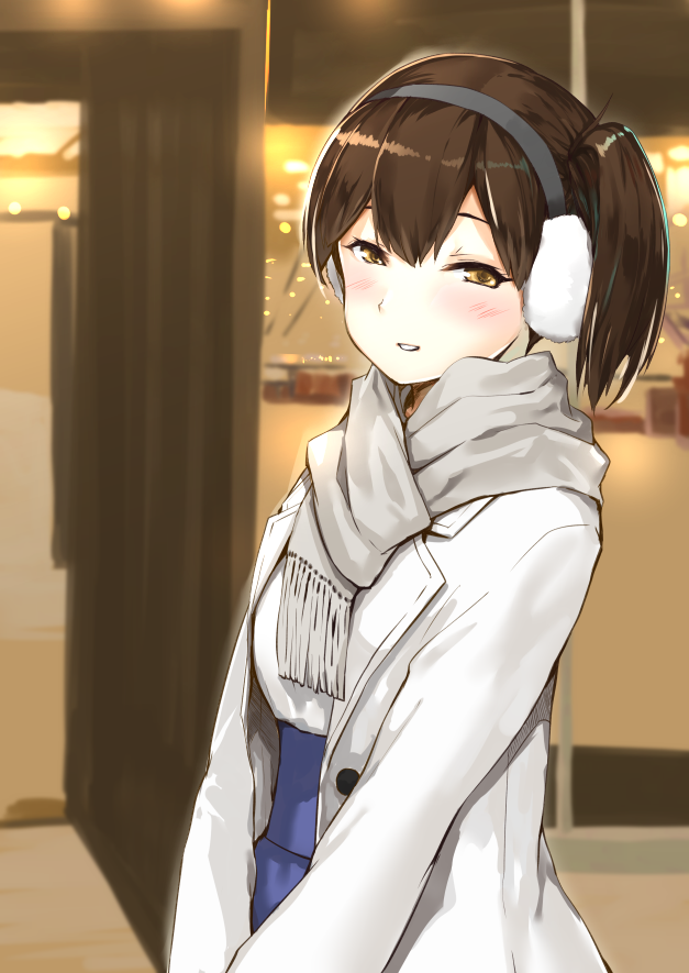 1girl, alternate_costume, blue_skirt, brown_eyes, brown_hair, coat, commentary, earmuffs
