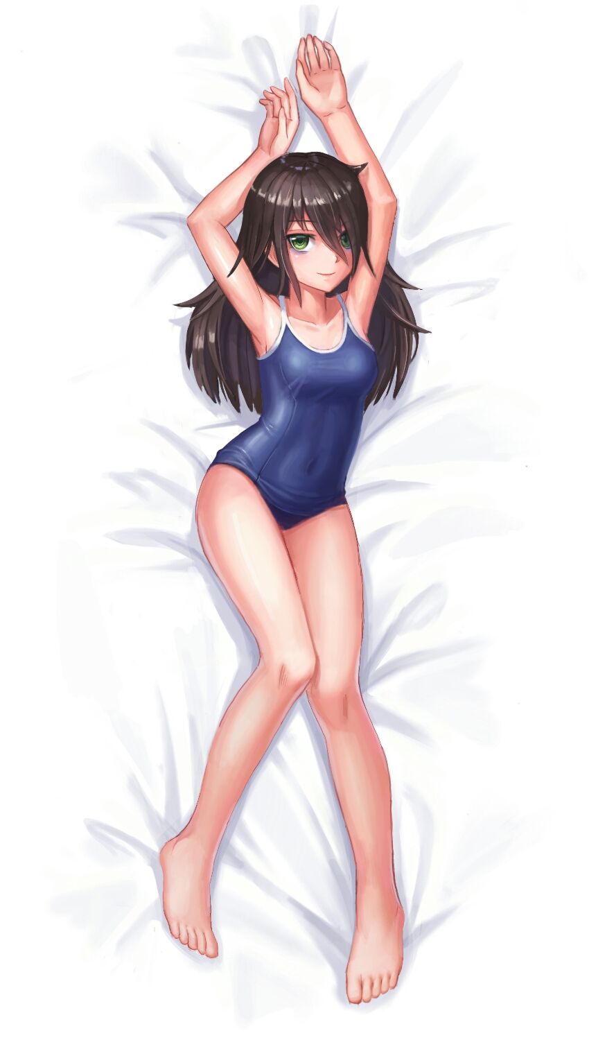 1girl, barefoot, black_hair, breasts, covered_navel, feet, female_focus, full_body