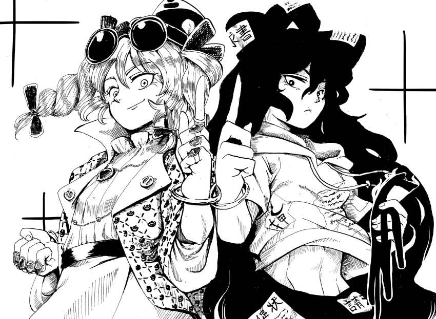 2girls, bangle, belt, bow, bracelet, braid, buttons, clenched_hand, closed_mouth, collar, commentary_request, cowboy_shot, debt, dress, frilled_collar, frills, frown, greyscale, grid_background, hair_bow, hair_ribbon, hat, highres, holding, holding_toy, index_finger_raised, jacket, jewelry, looking_at_viewer, monochrome, multiple_girls, navel_(body), necklace, ribbon, ring, siblings, sisters, skirt, stuffed_animal, stuffed_cat, stuffed_toy, sunglasses, symmetrical_pose, thin_smile, top_hat, touhou, toy, traditional_media, twin_braids, uokin2, yorigami_jo'on, yorigami_shion