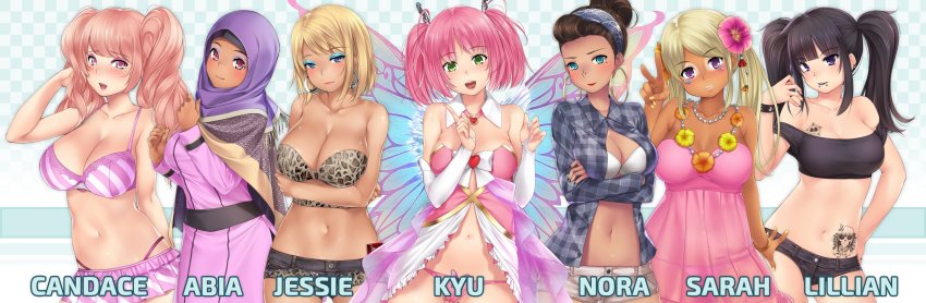 6+girls, abia_nawazi, absurdres, bad_id, bad_twitter_id, black_hair, blonde_hair, blue_eyes, blush, breasts, brown_hair, candace_"candy"_crush, cleavage, dark-skinned_female, dark_skin, english_text, fairy_wings, ganguro, green_eyes, gyaru, highres, hijab, hunie_(series), huniepop, huniepop_2, jessie_maye, kopianget, kyu_sugardust, large_breasts, lillian_aurawell, looking_at_viewer, medium_breasts, multiple_girls, nail_polish, navel, nora_delrio, official_art, open_mouth, parted_lips, pink_eyes, pink_hair, promotional_art, purple_eyes, purple_hijab, sarah_"suki"_stevens, smile, tattoo, twintails, wings