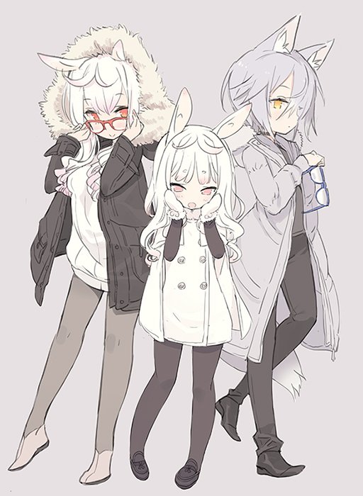 3girls, :o, alternate_hair_length, alternate_hairstyle, animal_ears, black_footwear, black_jacket, black_pants