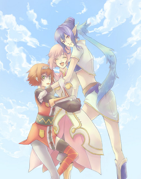 00s, 3girls, day, estellise_sidos_heurassein, female_focus, from_below, group_hug, hug