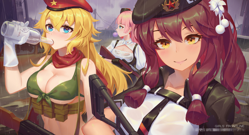 3girls, ak-47, ak-47_(girls'_frontline), alcohol, assault_rifle, beret, bikini, blonde_hair