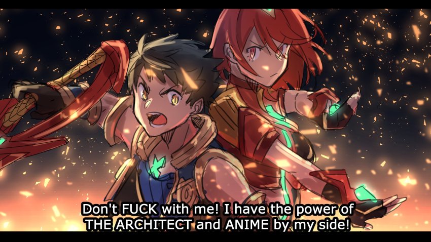 1boy, 1girl, black_hair, bodysuit, breasts, brown_hair, english_text, fire