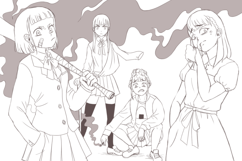 >:(, 4girls, arm_out_of_sleeve, bandaid, bandaid_on_face, baseball_bat, black_legwear, blood