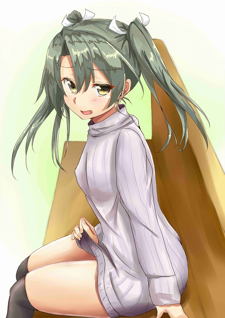 1girl, chan_(akuty_ikkot), female_focus, green_eyes, green_hair, hair_ribbon, highres, kantai_collection