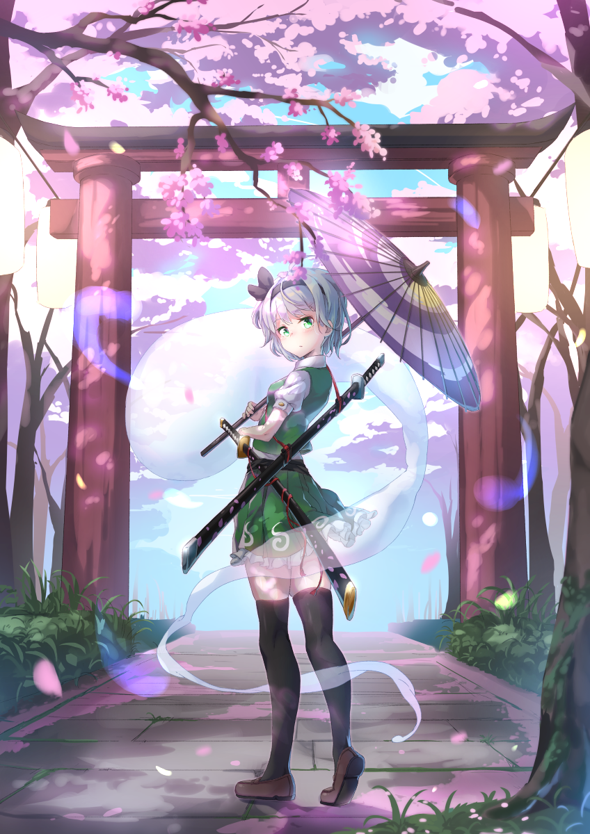 1girl, black_hairband, black_ribbon, black_thighhighs, blue_sky, branch, brown_shoes, cherry_blossoms