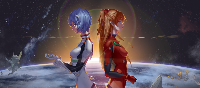 2girls, absurdres, ayanami_rei, backlighting, blue_eyes, blue_hair, bodysuit, breasts