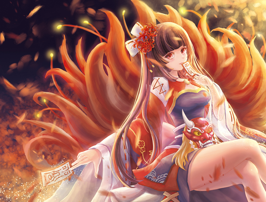 1girl, bare_legs, between_fingers, black_hair, breasts, crossed_legs, female_focus, flower