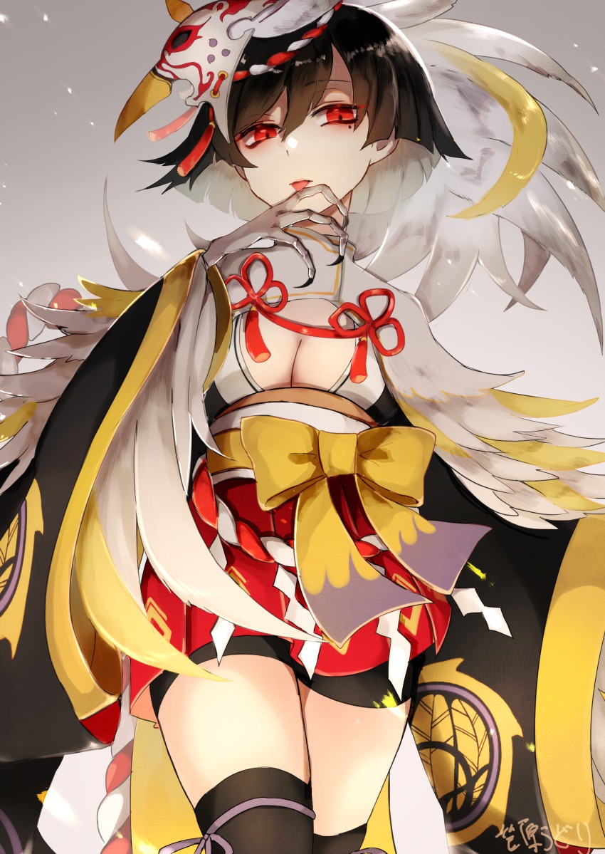 1girl, absurdres, black_hair, black_thighhighs, breasts, claws, cleavage, feathers