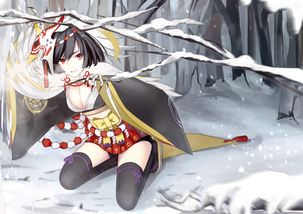 1girl, black_hair, black_thighhighs, breasts, claws, cleavage, feathered_wings, feathers