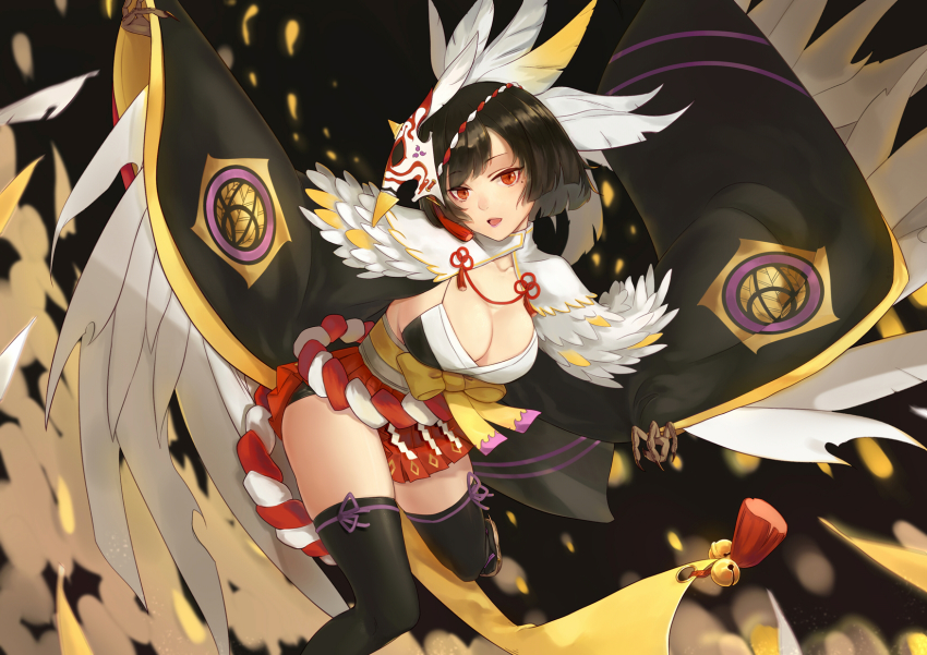 1girl, anmaki, black_hair, black_thighhighs, breasts, claws, cleavage, feathered_wings, feathers, female_focus, hair_ornament, highres, itsumade_(onmyoji), japanese_clothes, large_breasts, looking_at_viewer, monster_girl, onmyoji, open_mouth, red_eyes, short_hair, solo, thighhighs, wings