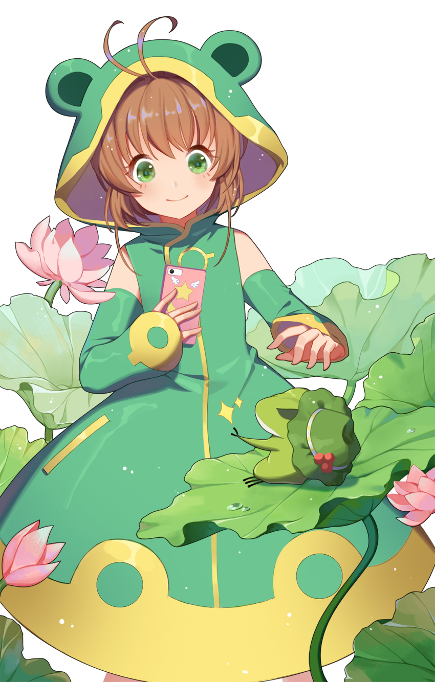 1girl, animal_hood, antenna_hair, brown_hair, cardcaptor_sakura, cellphone, crossover, detached_sleeves, dress, duximeng, female_focus, flower, frog, frog_girl, green_eyes, green_hat, hat, highres, hood, kinomoto_sakura, kinomoto_sakura_(frog), leaf, lotus, magical_girl, phone, short_hair, simple_background, smartphone, smile, solo, white_background