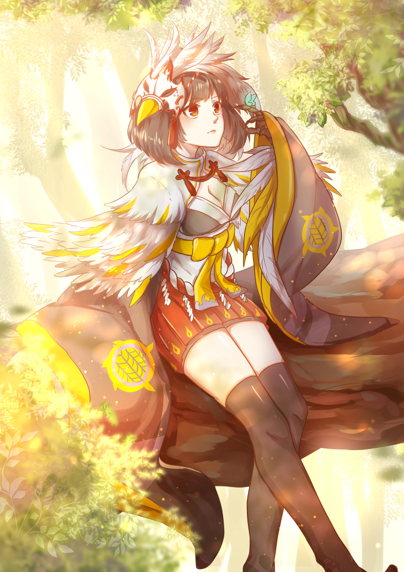 1girl, black_hair, black_thighhighs, breasts, brown_eyes, bug, butterfly, claws, cleavage, feathers, female_focus, insect, itsumade_(onmyoji), medium_breasts, onmyoji, paujiou, sitting, solo, thighhighs, wide_sleeves, zettai_ryouiki