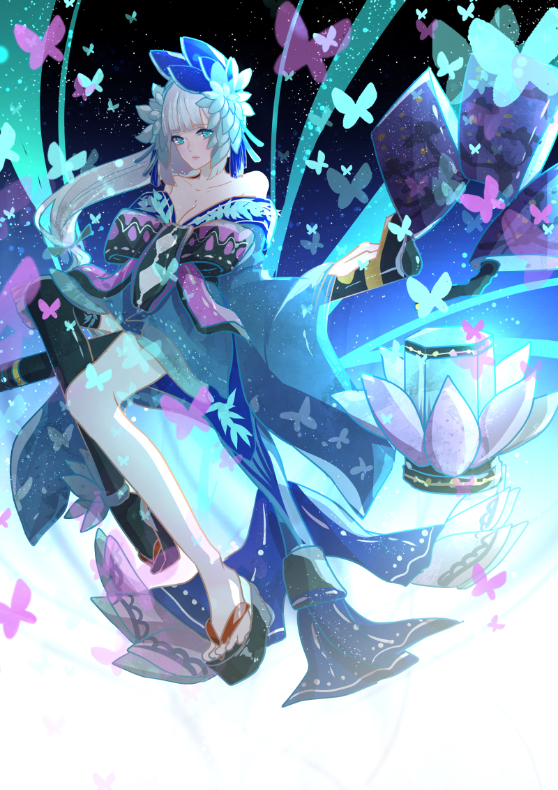 1girl, aoandon, bare_shoulders, blue_eyes, breasts, bug, butterfly, cleavage