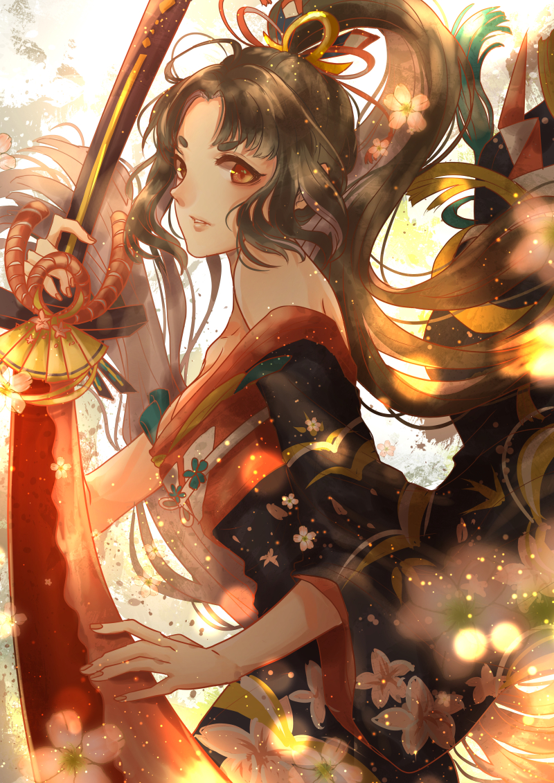 1girl, breasts, female_focus, japanese_clothes, kimono, long_hair, looking_at_viewer, onmyoji, paujiou, solo, sword, weapon, yellow_eyes, youtouhime
