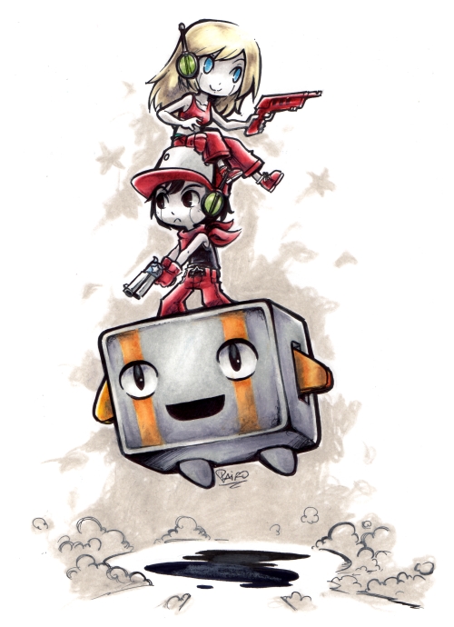 balrog_(cave_story), baseball_cap, black_eyes, black_hair, blonde_hair, blue_eyes, curly_brace, doukutsu_monogatari, gun, hat, long_hair, pairo, quote_(cave_story), robot_ears, short_hair, sitting, sitting_on_person, smile, weapon