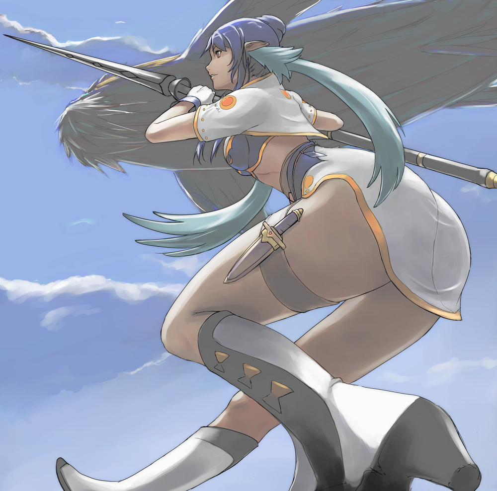 00s, 1girl, baul_(tales), blue_hair, boots, female_focus, gloves, judith_(tales), knee_boots, long_hair, pointy_ears, polearm, solo, spear, tales_of_(series), tales_of_vesperia, tea_(nakenashi), thick_thighs, thighs, weapon