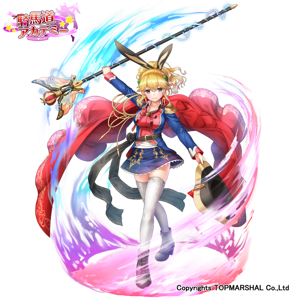 1girl, blonde_hair, brown_eyes, electricity, female_focus, hat, legend_girls_kibadou_academy, looking_at_viewer, nakaishow, ponytail, short_hair, simple_background, smile, solo, staff, standing, thighhighs, unworn_hat, unworn_headwear