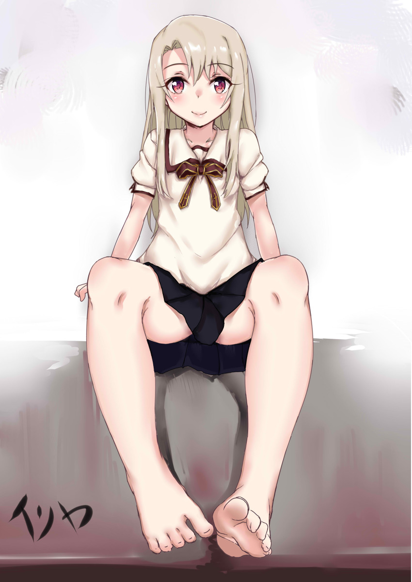 1girl, absurdres, barefoot, black_skirt, blush, bow, collarbone, fate/kaleid_liner_prisma_illya