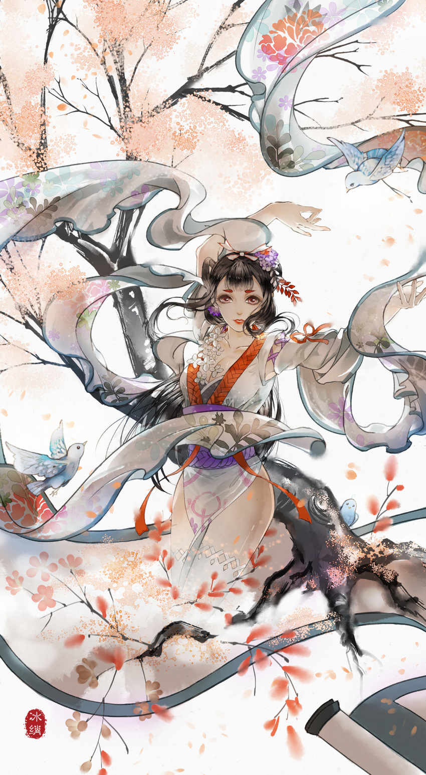 absurdres, bingxiaojian, bird, black_hair, breasts, flower, highres, japanese_clothes