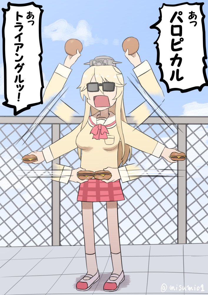 1girl, aioi_yuuko, aioi_yuuko_(cosplay), alternate_costume, blonde_hair, blue_sky, breast_pocket, burger, chain-link_fence, cloud, cloudy_sky, cosplay, day, female_focus, fence, food, headgear, holding, iowa_(kancolle), kantai_collection, long_hair, looking_at_viewer, misumi_(niku-kyu), nichijou, parody, plaid_clothes, plaid_skirt, pocket, school_uniform, serafuku, skirt, sky, solo, sunglasses, tokisadame_school_uniform, translation_request, twitter_username