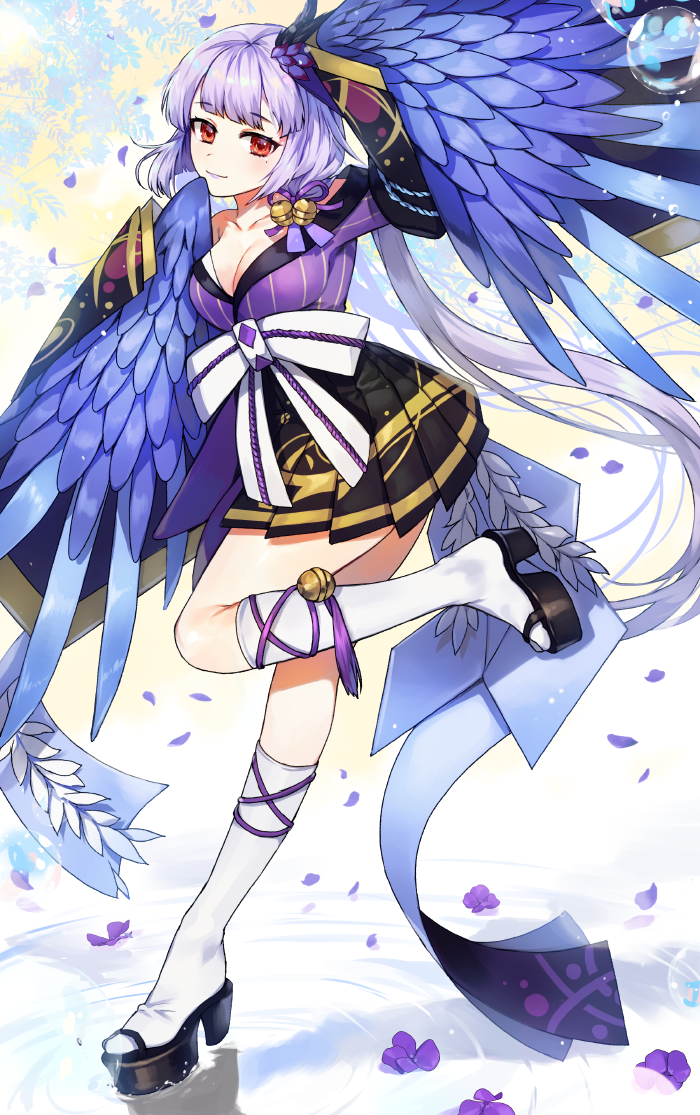 1girl, breasts, cleavage, feathered_wings, feathers, female_focus, gijang, harpy, itsumade_(onmyoji), looking_at_viewer, monster_girl, onmyoji, purple_hair, solo, winged_arms, wings
