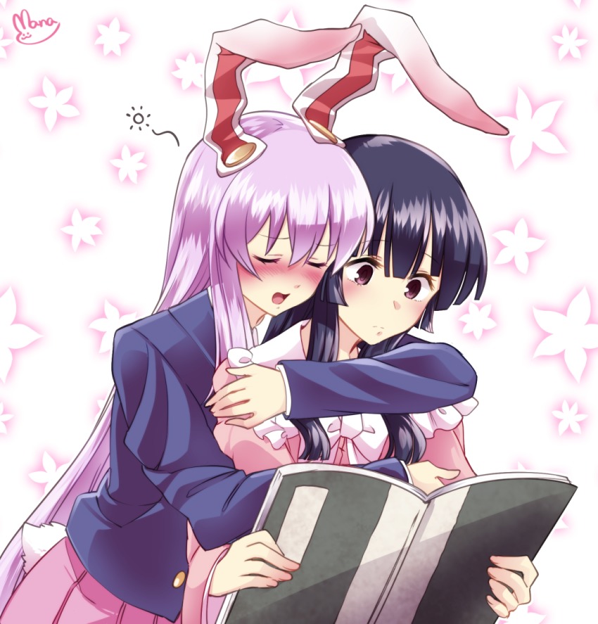 2girls, animal_ears, arm_around_neck, black_hair, blazer, blunt_bangs, blush, book